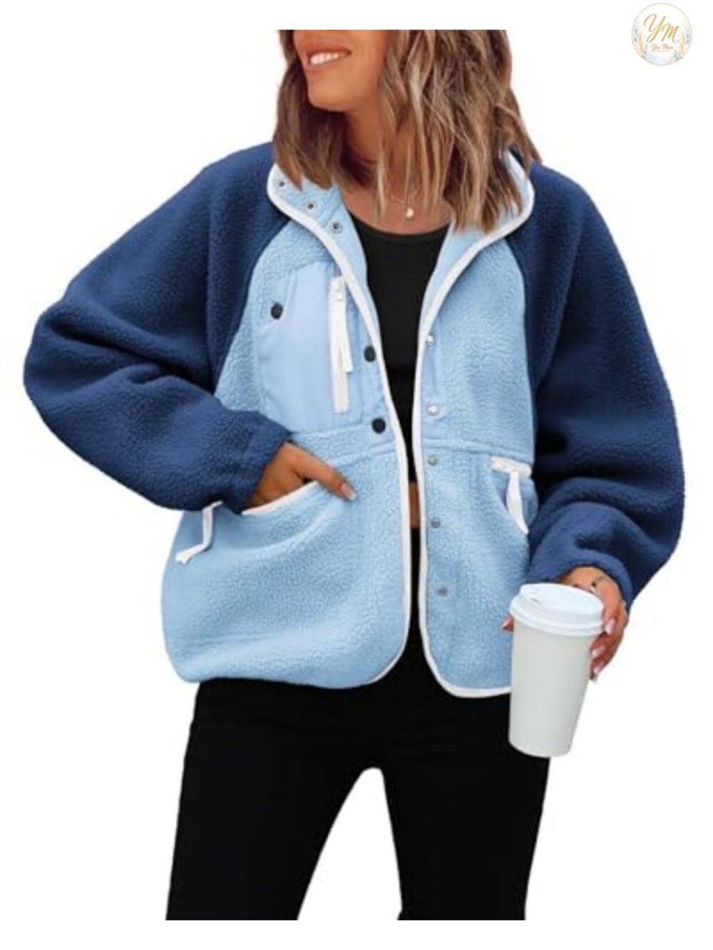 Women's Cropped Fuzzy Fleece Button Down Jacket Oversized Zip Pockets